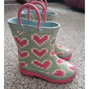 * OUTEE Green and Pink Heart Print Waterproof Boots Youth Girls Size 8